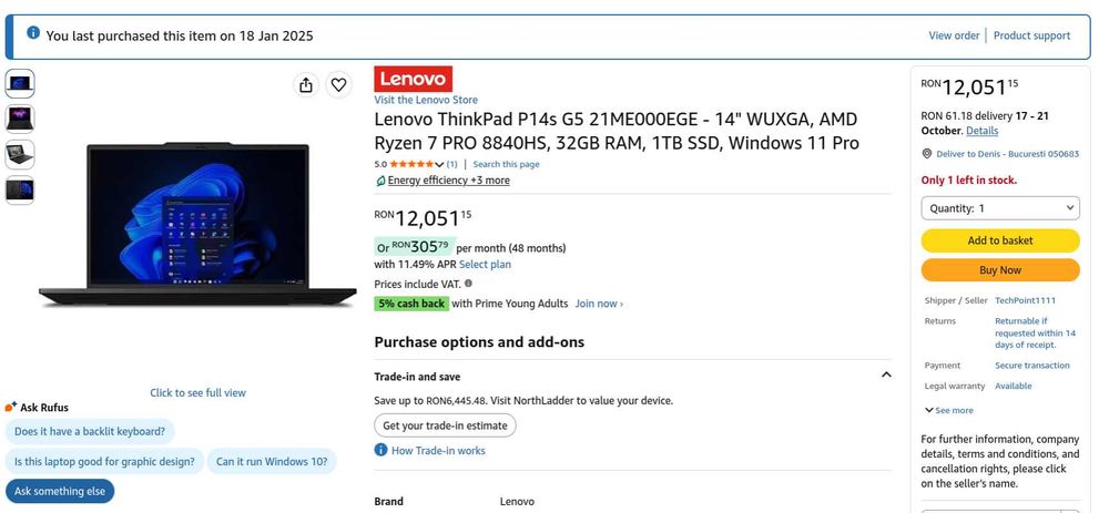 Laptop Thinkpad P14s Gen 5 (32GB, 1TB, Ryzen 7 Pro 16 Nuclee, Portabil 1.61kg)