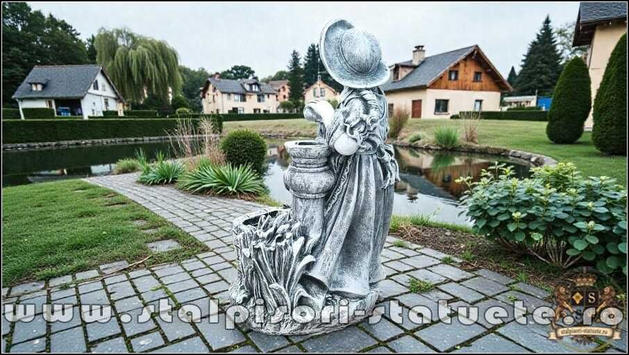 Statuetă țărăncuța la pompă, gri patinat, model S105.