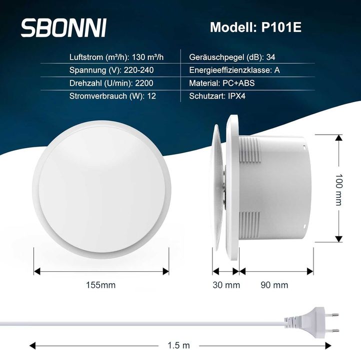 Вентилатор за баня, кухня, тоалетна, гараж SBONNI