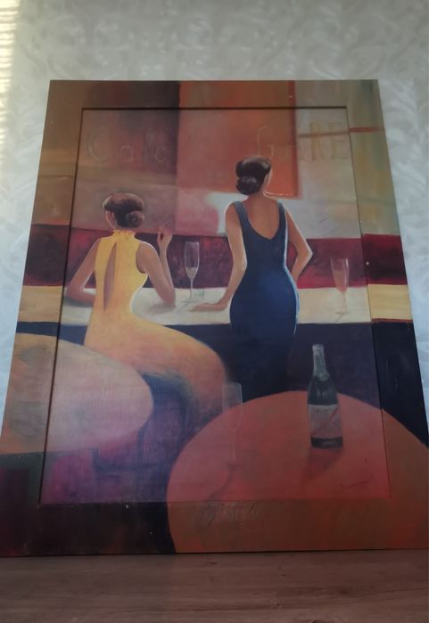 Антикварна картина две жени в кафене голяма в рамка без паспарту