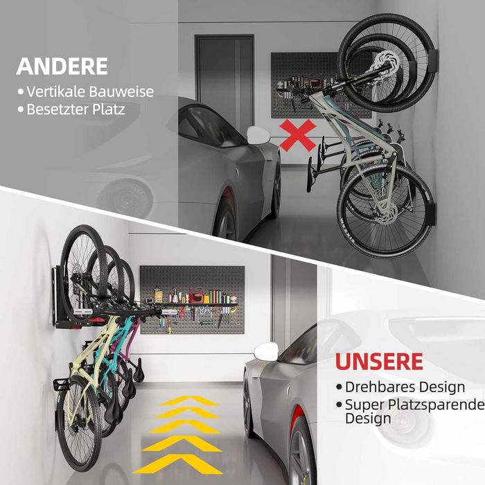 Suport de perete pentru bicicletă, set de 2 suporturi pivotante pentru garaj, economisire de spațiu, ușor de agățat și detașat, susține până la 40 kg