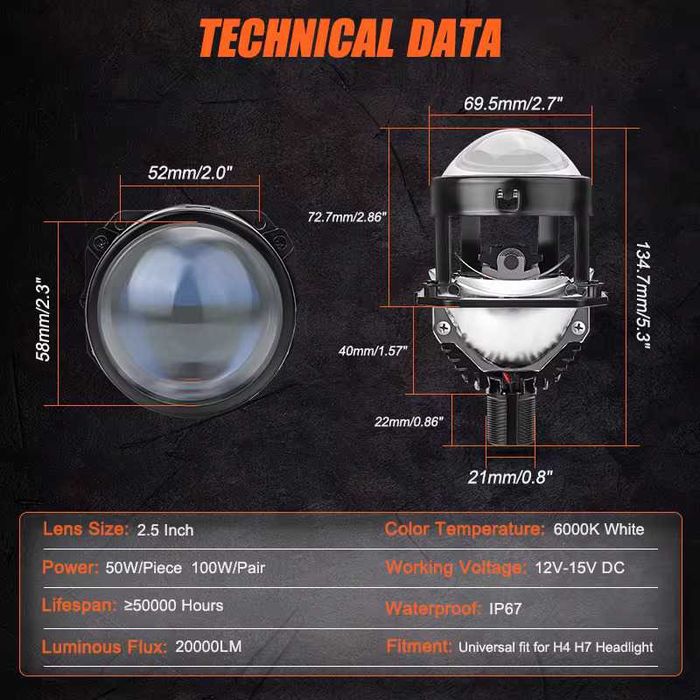 Set 2 Lupe BILED Bi LED 2.5 Inch Faza Scurta Lunga 100W/set, 20.000LM
