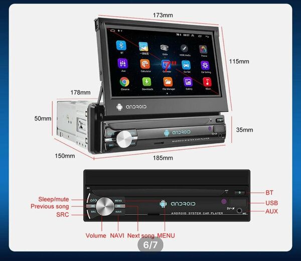Автомагнитола 1 din 7505A-5712B с выдвижным экраном 4/64GB IPS DSP Car