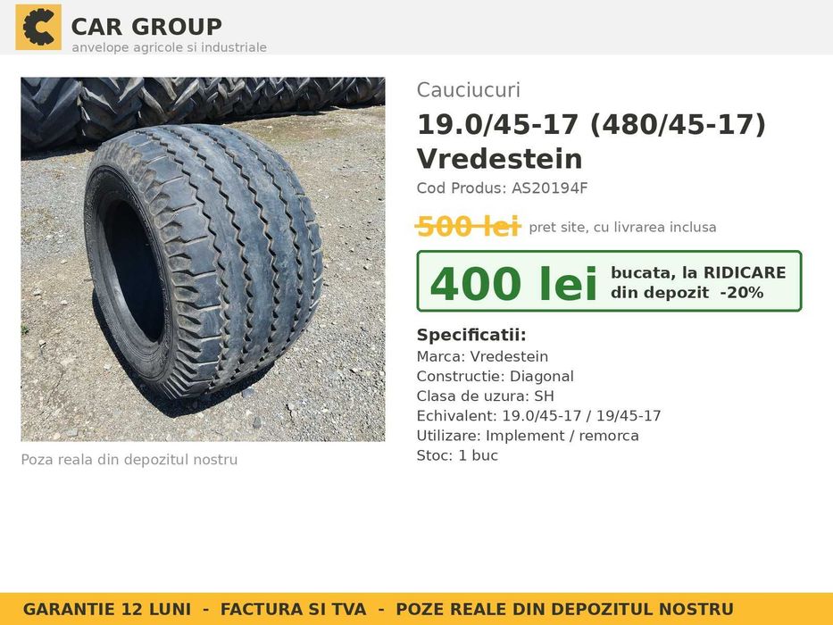 ANVELOPE 19.0/45-17 19/45-17 480/45-17 Vredestein Cauciucuri Remorca Cisterna Vidanja Imprastietoare Flotatie SH GARANTIE Factura TVA Livrare