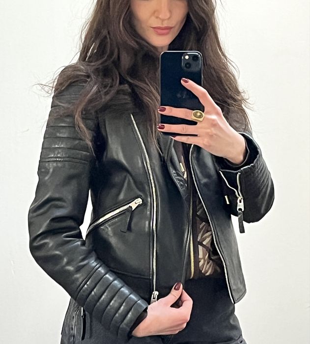 Zara, geacă neagră din piele naturală, feronerie argintie, biker