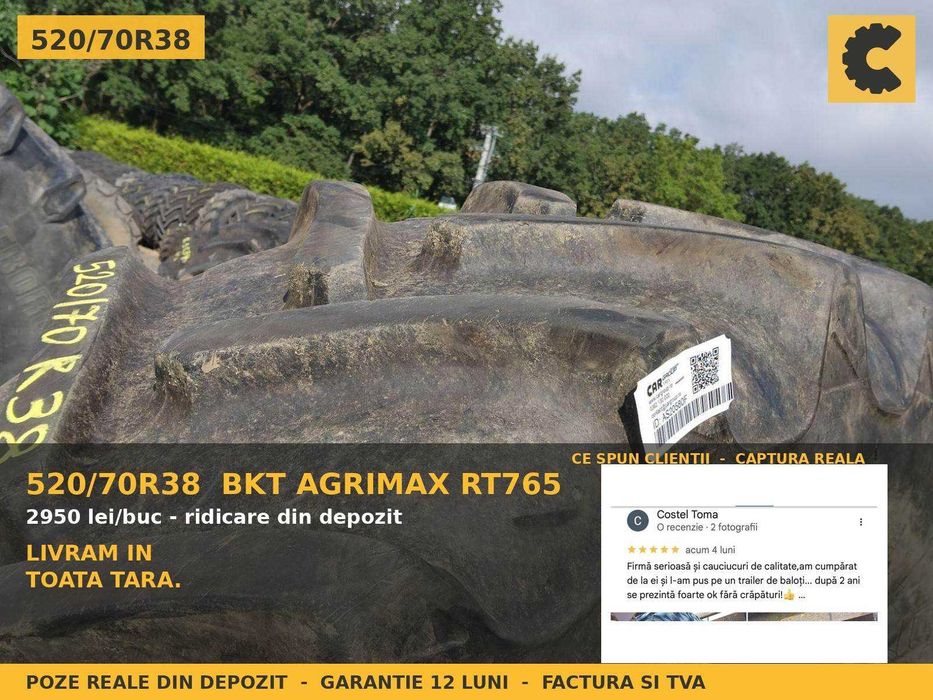 ANVELOPE 520/70R38 BKT Agrimax RT765 Cauciucuri Tractor Spate 4x4 John Deere New Holland SH GARANTIE Factura TVA