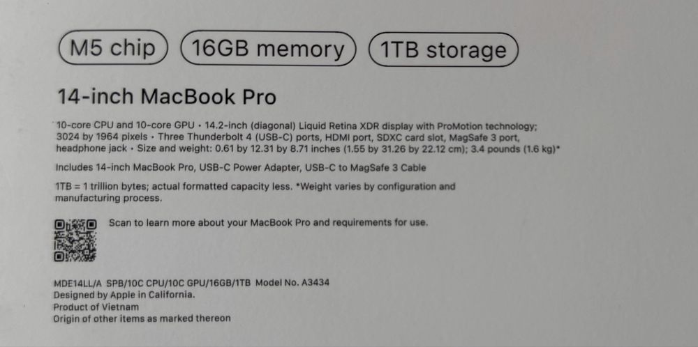 Macbook 14 Pro M5 1TB 16Gb Ram