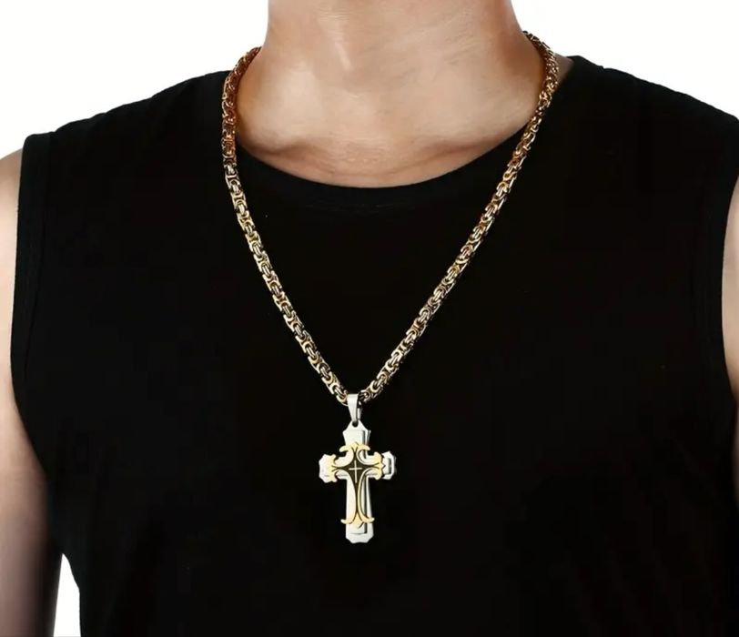 Мъжки синджир с кръст - 18к златно покритие - Неръждаема стомана