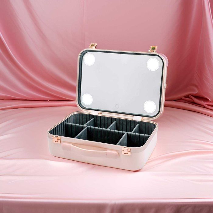 ОРИГИНАЛНА чанта за грим бижута органайзер огледало лампи розова бяла