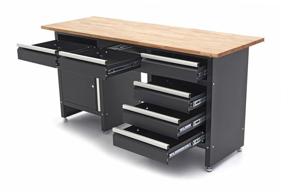 Banc de lucru negru cu 6 sertare, 1 usa si blat din lemn masiv - 171 c