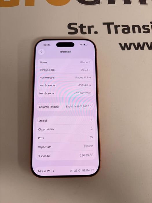 Telefon iPhone 17 Pro, 256GB, 5G, Cosmic Orange, 128 Cicluri -T-