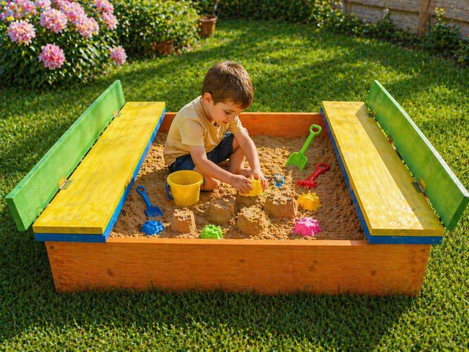 Детски пясъчник с пейки и капак; Дървен пясъчник; Цветни пясъчници
