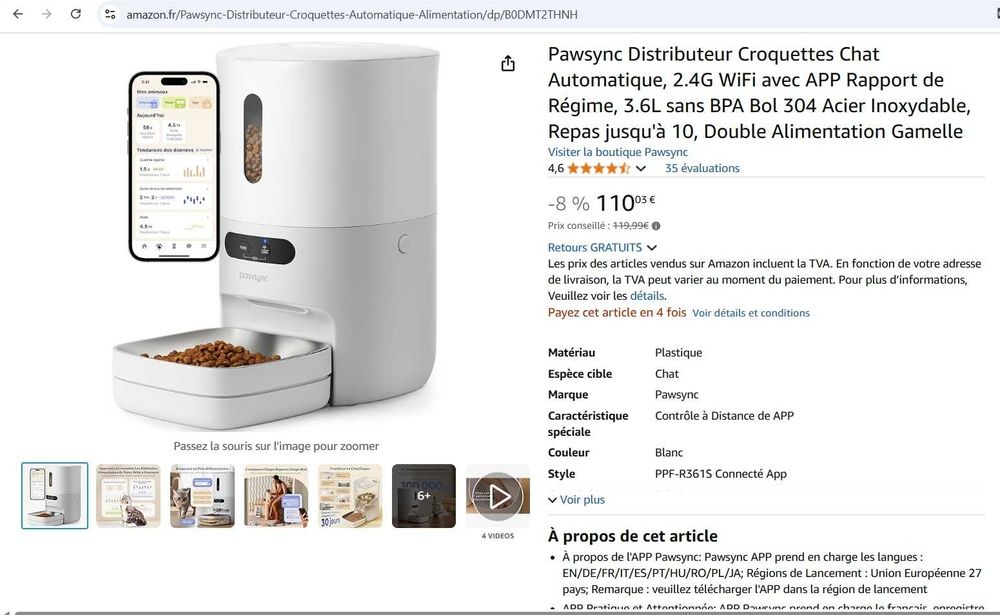 Pawsync Dispenser automat de hrană pentru animale, 2.4G WiFi