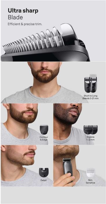 Aparat de tuns multifunctional Braun All-in-One Seria 3 AIO3540 8-in-1, Lama ultra ascutita 6 Piepteni, 1 Perie de curatare, 1 Saculet , 50 minute