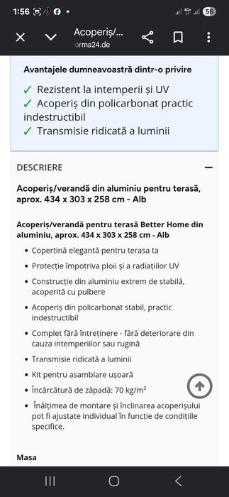 Acoperiș/verandă din aluminiu pentru terasă, aprox. 434 x 303 x 258 cm - Alb