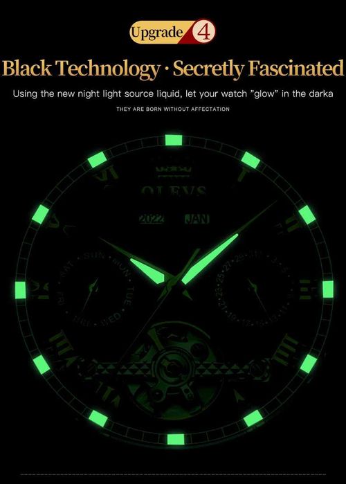 Olevs Хронограф, Автоматik,Скелет,3 ATM,HDСветещ,Мултифункции,Календар