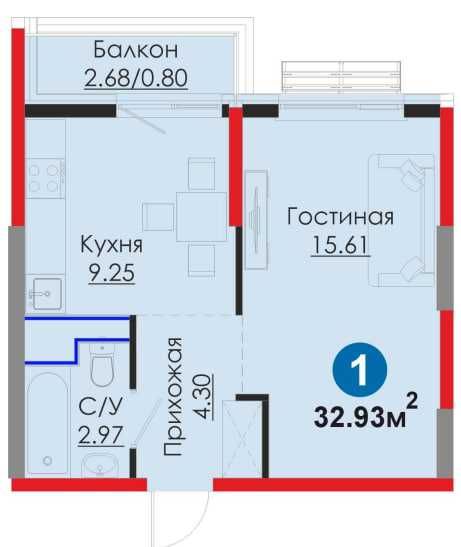 32.9м²- 1комн. | 11 этаж | Вид на город | Мирабадский район (S)