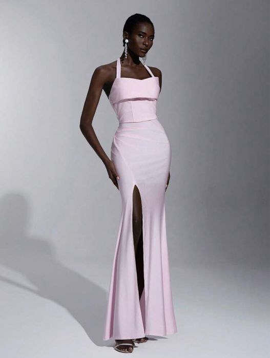 Чисто нова Елегантна, официална, дълга розова рокля с цепка, размер L  Л, материя сатен и еластан, за бал или гост на сватба