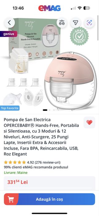 Pompa de sân electrică portabilă wireless, cu garanție, set complet
