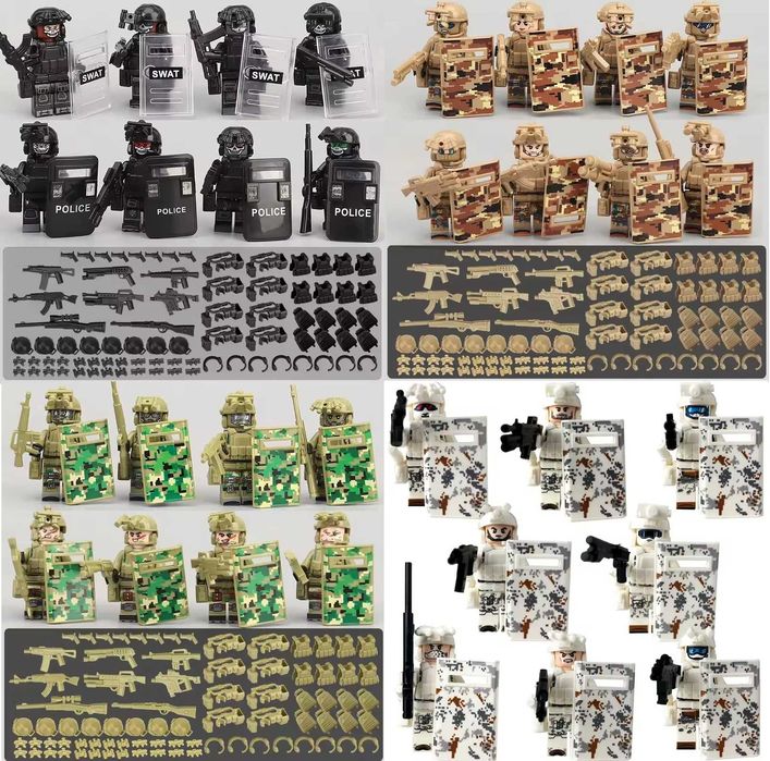 Set 8 Minifigurine tip Lego SWAT cu Scuturi si Camuflaj (4 modele)