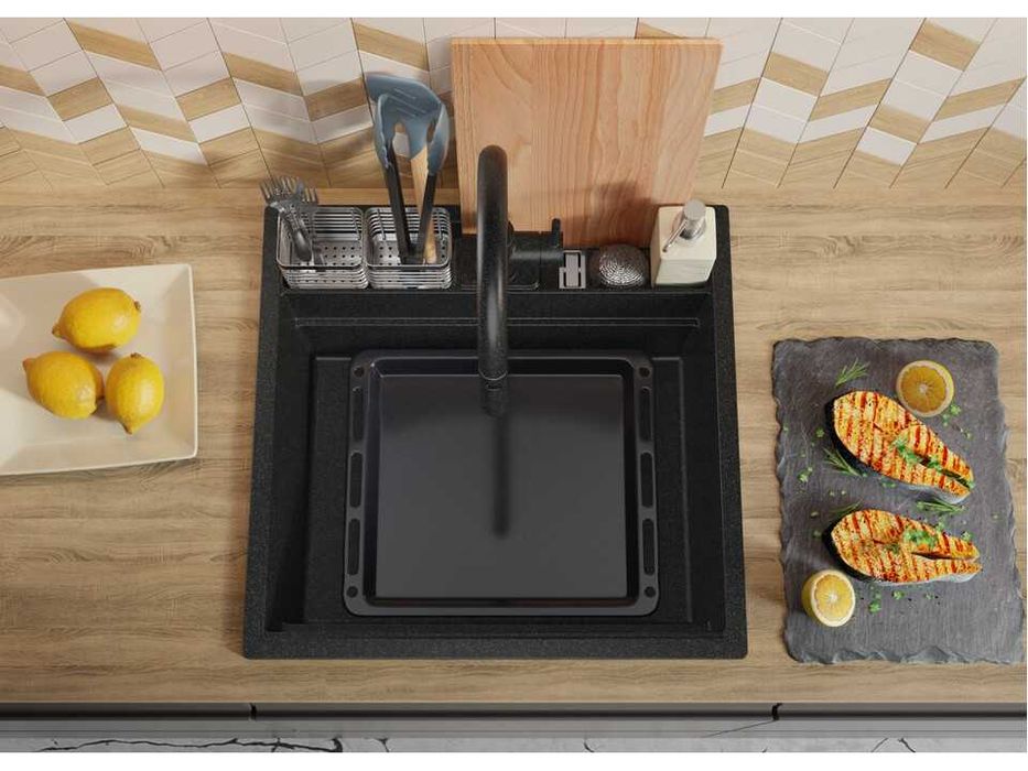 графит кухненска мивка за вграждане Берген 60 Double Pocket 560x540 мм