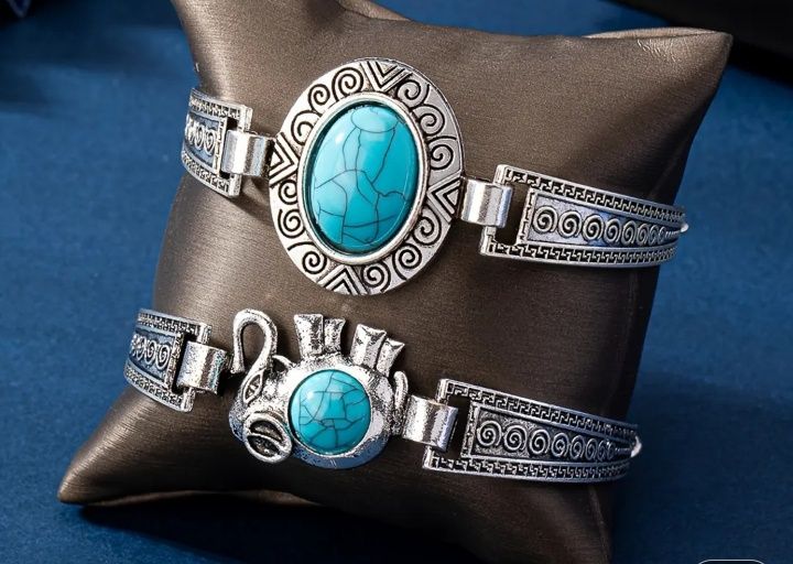 Винтиж алуминиев браслет с тюркоазен инлей
