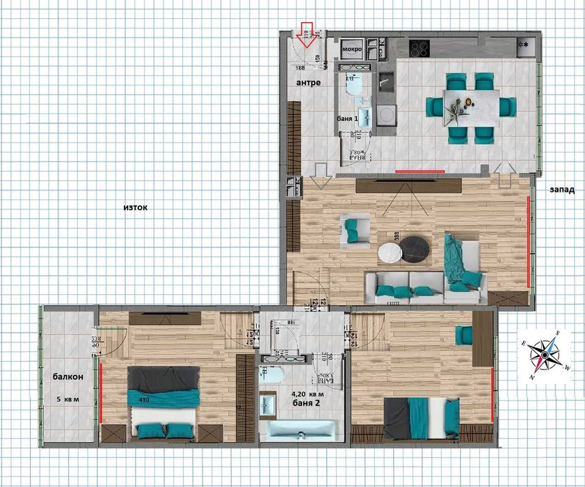 Перфектен,тристаен ,91 кв чиста площ. Панел от 2000 г. Топ локация