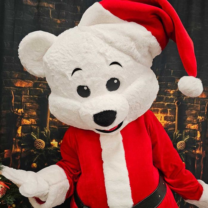 Costum Mascotă Urs Polar Alb de Crăciun pentru Adulți – Mascotă Profesională Handmade cu Costum Moș Crăciun pentru Evenimente și Petreceri