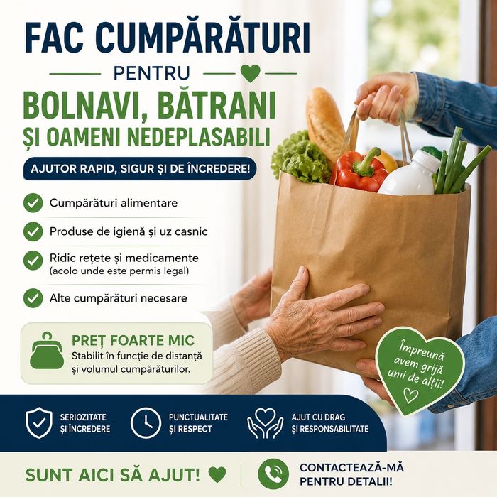 Fac cumpărături pentru bătrâni, persoane bolnave și nedeplasabile – preț accesibil