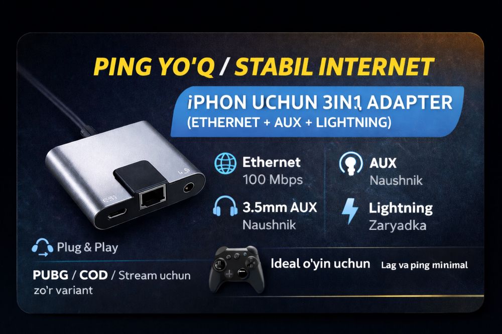 iPhone uchun  Adapter (Ethernet + AUX + Zaryadka)