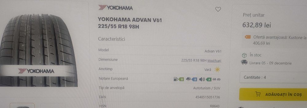 4 anvelope vara Yokohama Advan V61 225 55 R18 98H profil 6.8 mm DOT 25