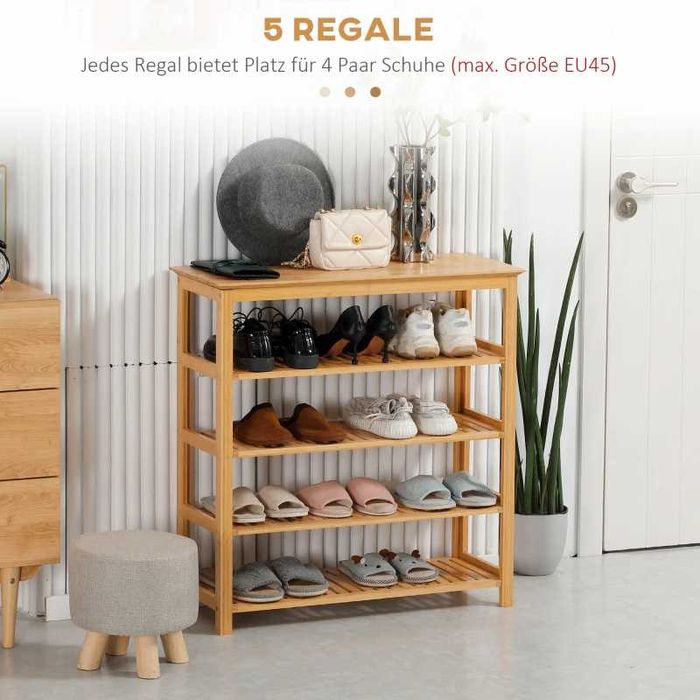HOMCOM Стелаж за обувки с 4 рафта, бамбук, летви, до размер EU 45