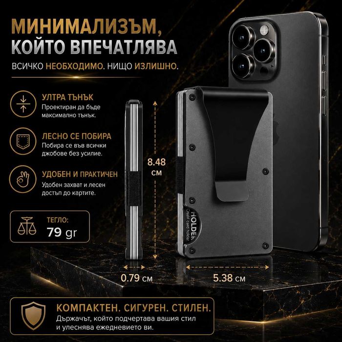 Минималистичен RFID защитен портфейл с щипка за банкноти