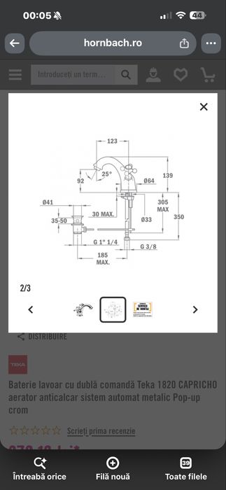 Baterie lavoar cu dublă comandă Teka 1820 CAPRICHO aerator anticalcar sistem automat metalic Pop-up crom
