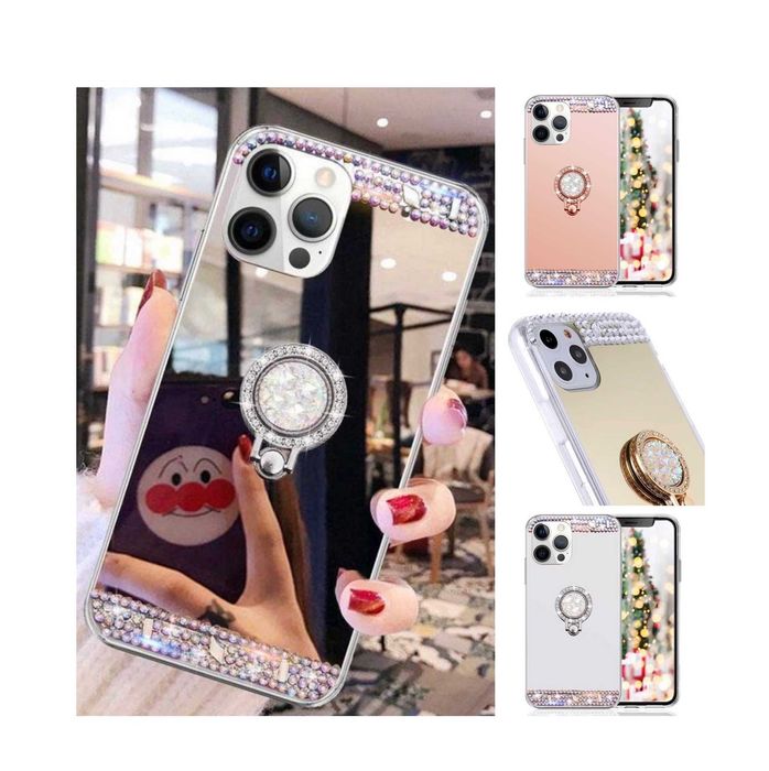 Husa tip oglinda cu inel si pietricele pt. iPhone 15 Pro / 15 Pro Max