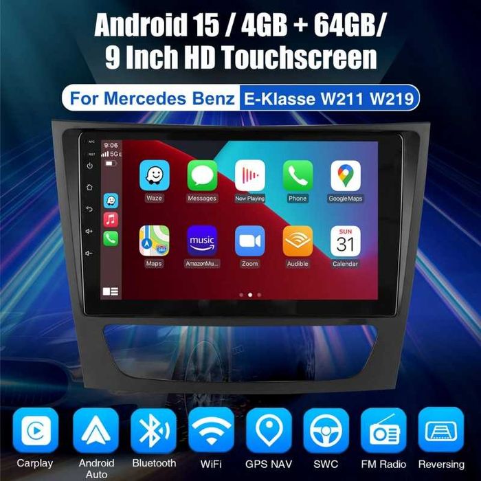 9” 2-DIN Android’15 4GB/64GB за Mercedes E-Klasse W211, CLS W219, W463