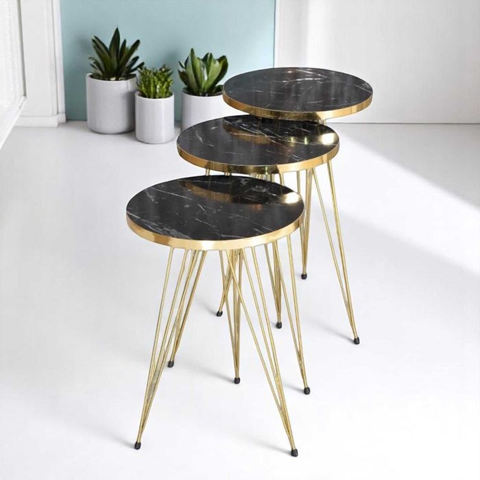 Комплект 3 маси за кафе, помощна масичка - черно/ златно