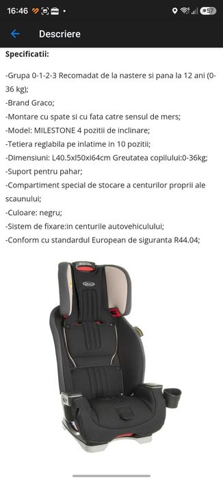 Scaun auto Graco Milestone, 0-36kg, Extreme Black, Negru