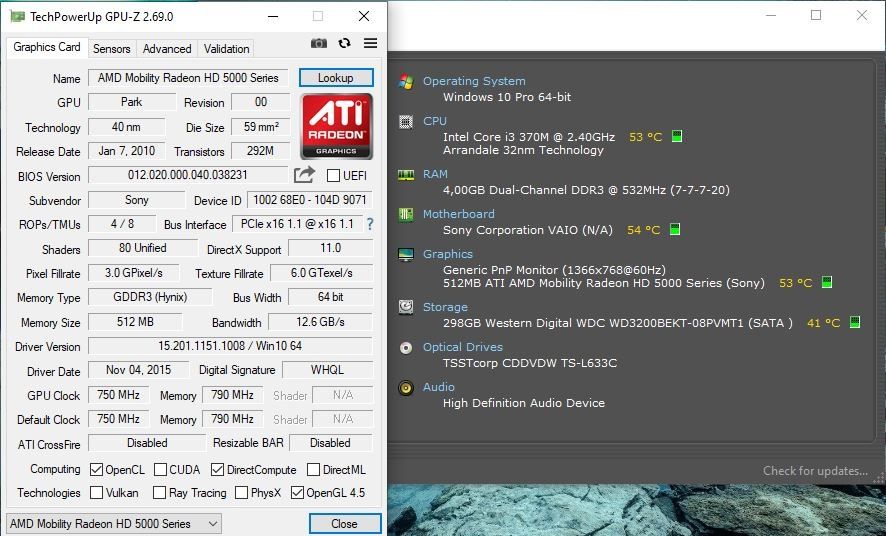 Laptop Sony Vaio i3 370M 2,4Ghz, 4GB, 320GB, Radeon HD 5400 512MB, W10
