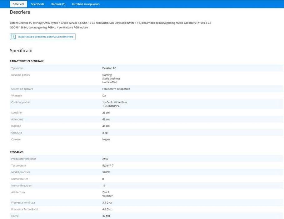 AMD Ryzen 7 5700X pana la 4.6 Ghz, 16 GB ram DDR4-VIDEO 2 SAU 4 GB