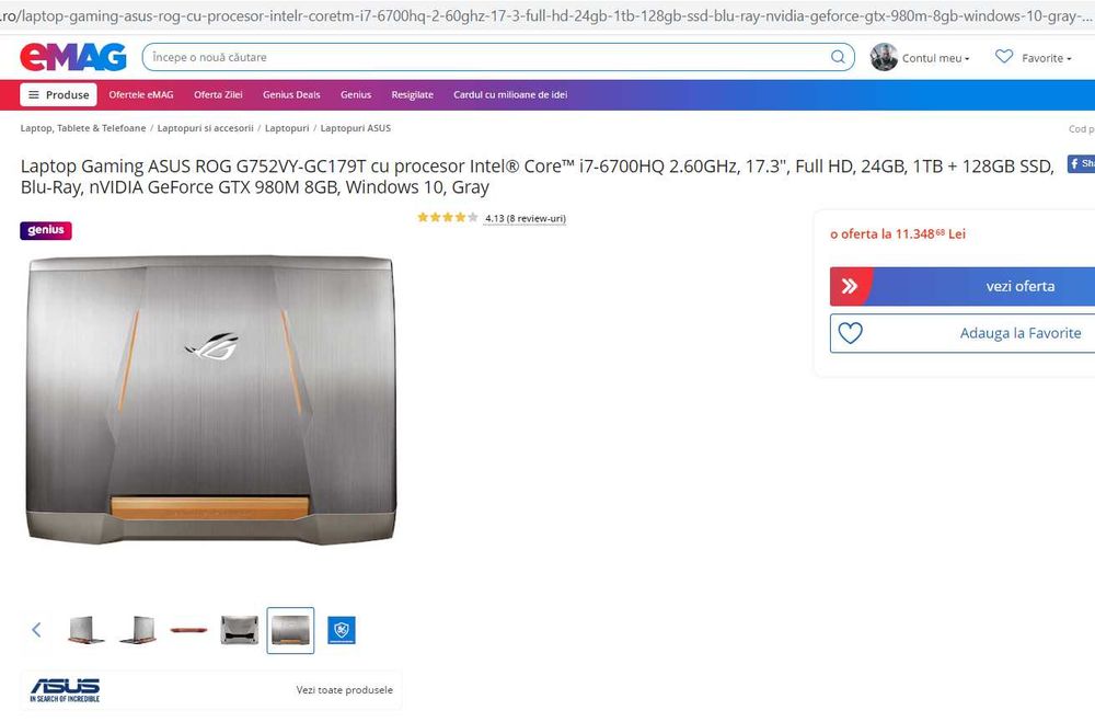 laptop gaming Asus Rog strix, intel core i7- video 8 gb dedicat , 17,3
