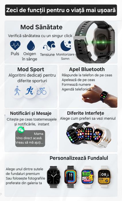 Ceas Smart Premium: apeluri, mesaje, notificări, SOS. Toate funcțiile