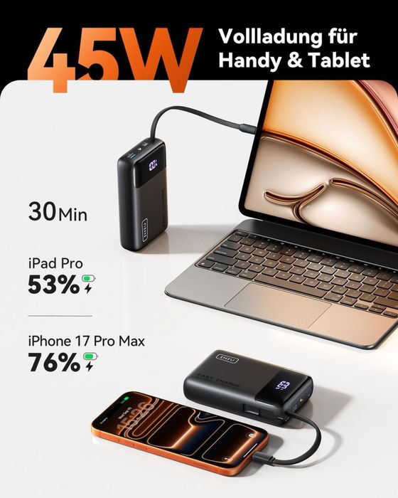 Power Bank INIU 20000mAh 45W, USB-C, cablu integrat, display LED