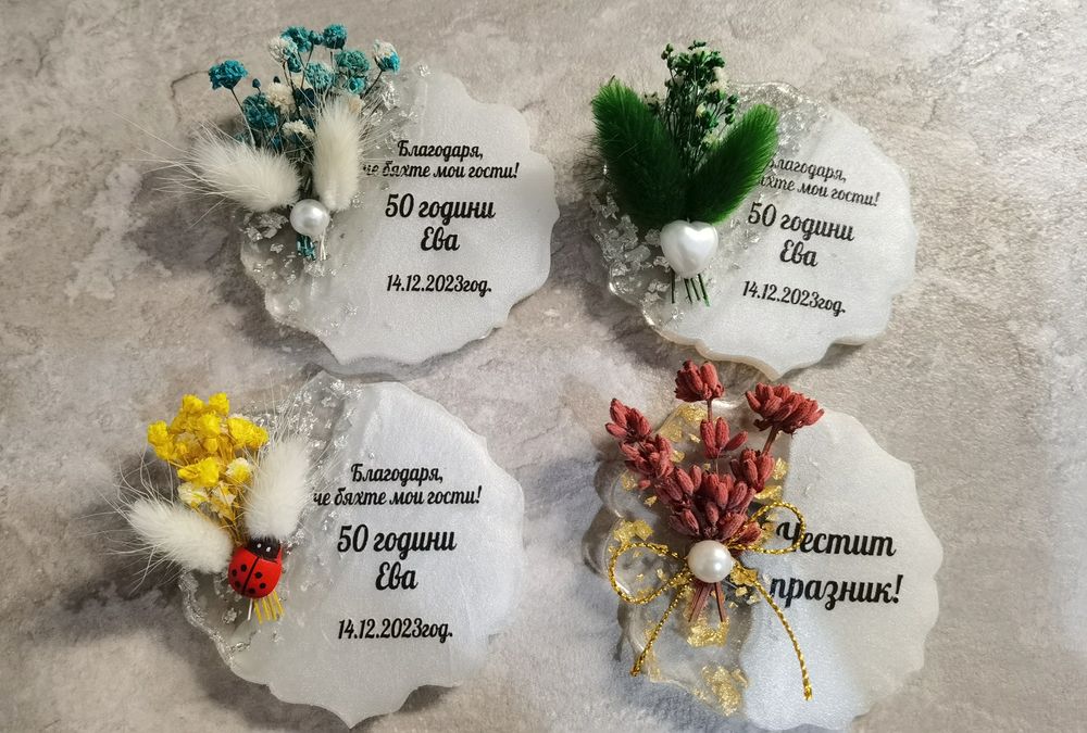 Епокси магнити, епокси магнитчета със сухи цветя - подаръчета за гости