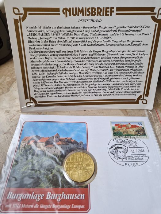 Сребърна монета 5 марки от 1975г със пощенски плик