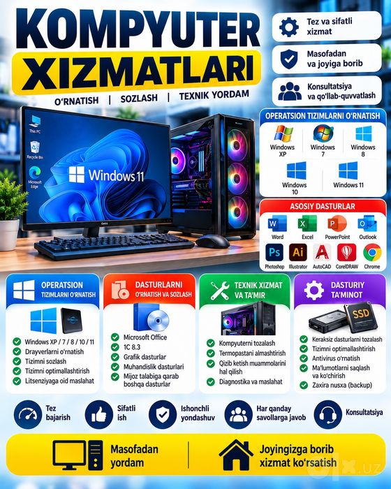 Kompyuterga Windows, Office, 1C  va boshqa dasturlarni o‘rnatish