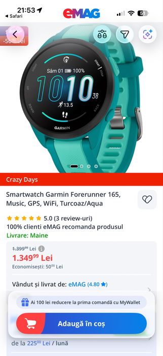Garmin Forerunner 165 Music turcoaz / aqua • NOU / SIGILAT •