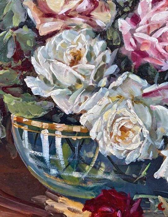 Tablou vechi - bol cu trandafiri - semnat C. Cutescu Storck