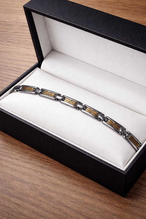 Brățară bărbătească din oțel inoxidabil, suflată cu aur – 22 cm