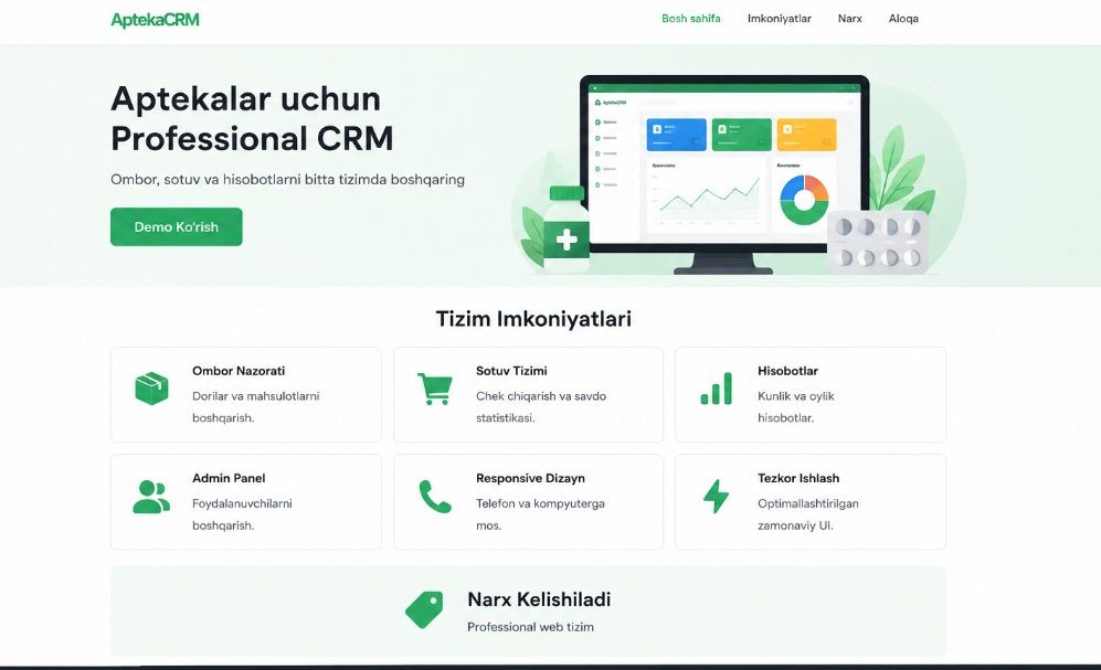APTEKA CRM LOYIHASI SOTILADI

Zamonaviy va chiroyli dizaynga ega we